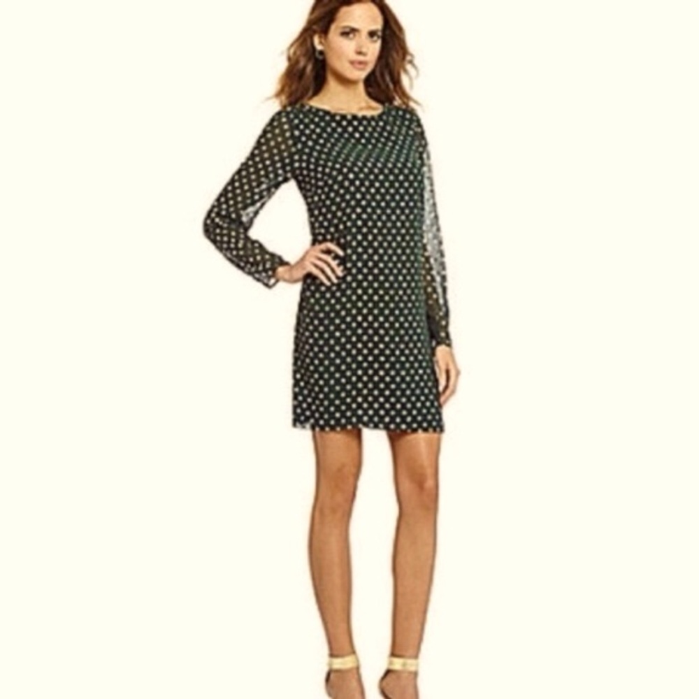 Gianni Bini Black Gold Polka Semi Sheer Long Sleeve Dot Shift Dress Size M